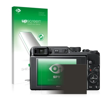 Parte frontal de un envase de producto con el logotipo de la marca upscreen. Al lado se muestra el dispositivo Nikon Coolpix A