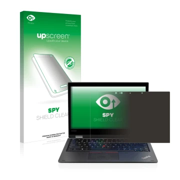 Parte frontal de un envase de producto con el logotipo de la marca upscreen. Al lado se muestra el dispositivo Lenovo ThinkPad
