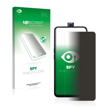 Parte frontal de un envase de producto con el logotipo de la marca upscreen. Al lado se muestra el dispositivo Oppo F11 Pro co