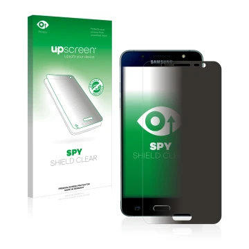 Parte frontal de un envase de producto con el logotipo de la marca upscreen. Al lado se muestra el dispositivo Samsung Galaxy 