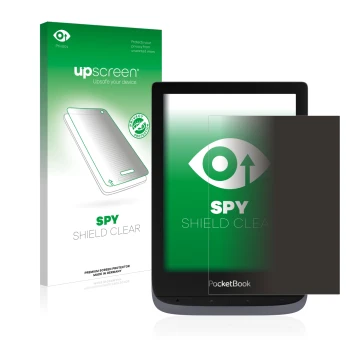 Parte frontal de un envase de producto con el logotipo de la marca upscreen. Al lado se muestra el dispositivo PocketBook Touc