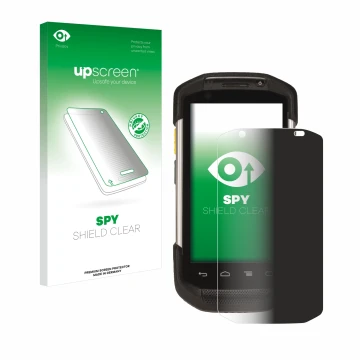 Parte frontal de un envase de producto con el logotipo de la marca upscreen. Al lado se muestra el dispositivo Zebra TC77 con 