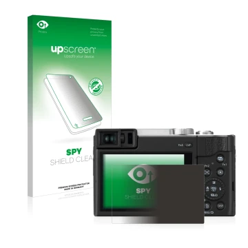 Parte frontal de un envase de producto con el logotipo de la marca upscreen. Al lado se muestra el dispositivo Panasonic Lumix