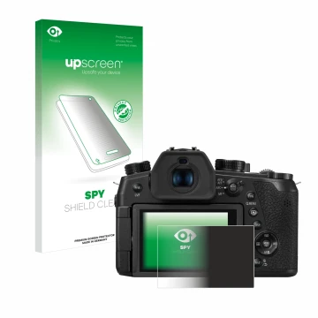 Parte frontal de un envase de producto con el logotipo de la marca upscreen. Al lado se muestra el dispositivo Panasonic Lumix