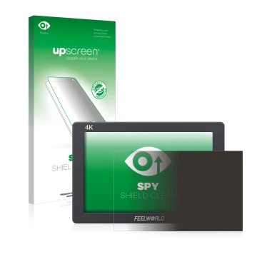 Parte frontal de un envase de producto con el logotipo de la marca upscreen. Al lado se muestra el dispositivo Feelworld T7 7
