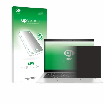 Parte frontal de un envase de producto con el logotipo de la marca upscreen. Al lado se muestra el dispositivo HP EliteBook x3