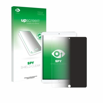 Parte frontal de un envase de producto con el logotipo de la marca upscreen. Al lado se muestra el dispositivo Apple iPad Air 