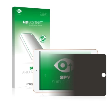 Parte frontal de un envase de producto con el logotipo de la marca upscreen. Al lado se muestra el dispositivo Apple iPad Mini