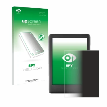 Parte frontal de un envase de producto con el logotipo de la marca upscreen. Al lado se muestra el dispositivo Amazon Kindle 2