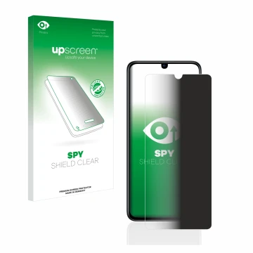 Parte frontal de un envase de producto con el logotipo de la marca upscreen. Al lado se muestra el dispositivo Samsung Galaxy 