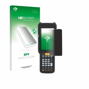 Parte frontal de un envase de producto con el logotipo de la marca upscreen. Al lado se muestra el dispositivo Zebra MC330 con