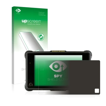Parte frontal de un envase de producto con el logotipo de la marca upscreen. Al lado se muestra el dispositivo Atomos Shogun I