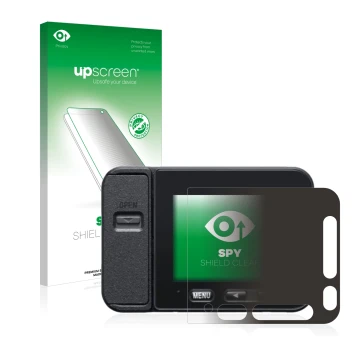 Parte frontal de un envase de producto con el logotipo de la marca upscreen. Al lado se muestra el dispositivo Sony DSC-RX0M2 