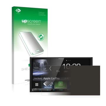 Parte frontal de un envase de producto con el logotipo de la marca upscreen. Al lado se muestra el dispositivo Kenwood DMX7017