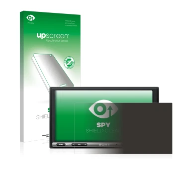 Parte frontal de un envase de producto con el logotipo de la marca upscreen. Al lado se muestra el dispositivo Sony XAV-AX3005