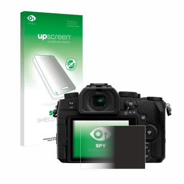 Parte frontal de un envase de producto con el logotipo de la marca upscreen. Al lado se muestra el dispositivo Panasonic Lumix