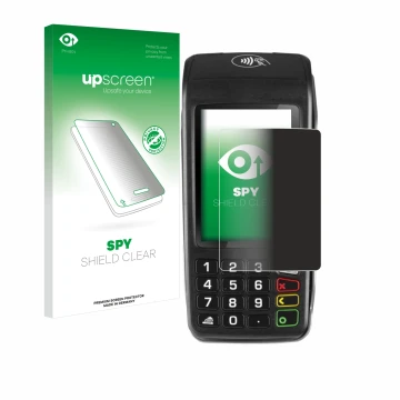 Parte frontal de un envase de producto con el logotipo de la marca upscreen. Al lado se muestra el dispositivo ingenico Move/5