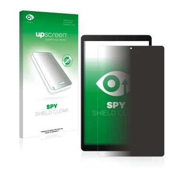 Parte frontal de un envase de producto con el logotipo de la marca upscreen. Al lado se muestra el dispositivo Samsung Galaxy 