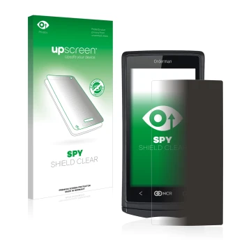 Parte frontal de un envase de producto con el logotipo de la marca upscreen. Al lado se muestra el dispositivo Orderman 5 con 