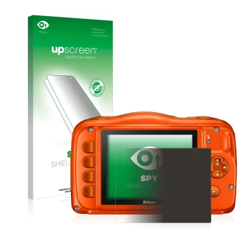 Parte frontal de un envase de producto con el logotipo de la marca upscreen. Al lado se muestra el dispositivo Nikon Coolpix W