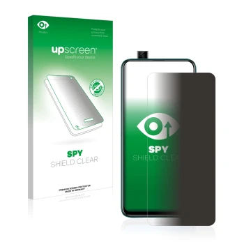 Parte frontal de un envase de producto con el logotipo de la marca upscreen. Al lado se muestra el dispositivo Huawei P smart 