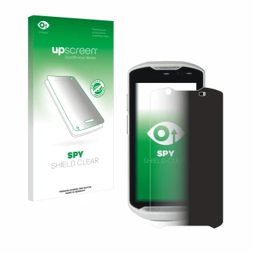 Parte frontal de un envase de producto con el logotipo de la marca upscreen. Al lado se muestra el dispositivo Zebra TC52-HC c