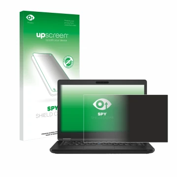 Parte frontal de un envase de producto con el logotipo de la marca upscreen. Al lado se muestra el dispositivo Dell Latitude 5