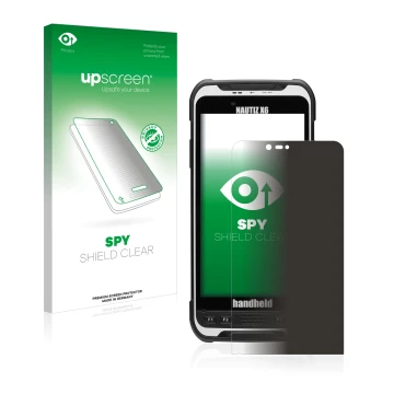 Parte frontal de un envase de producto con el logotipo de la marca upscreen. Al lado se muestra el dispositivo Handheld Nautiz