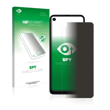 Parte frontal de un envase de producto con el logotipo de la marca upscreen. Al lado se muestra el dispositivo Motorola One Vi