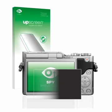 Parte frontal de un envase de producto con el logotipo de la marca upscreen. Al lado se muestra el dispositivo Panasonic Lumix