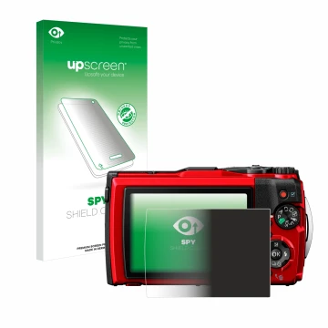 Parte frontal de un envase de producto con el logotipo de la marca upscreen. Al lado se muestra el dispositivo Olympus Tough T