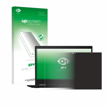 Parte frontal de un envase de producto con el logotipo de la marca upscreen. Al lado se muestra el dispositivo Lenovo ThinkPad