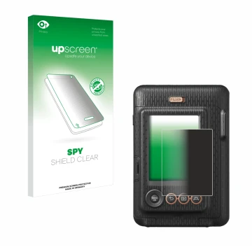 Parte frontal de un envase de producto con el logotipo de la marca upscreen. Al lado se muestra el dispositivo Fujifilm Instax