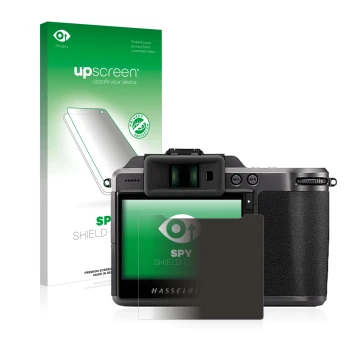 Parte frontal de un envase de producto con el logotipo de la marca upscreen. Al lado se muestra el dispositivo Hasselblad X1D 