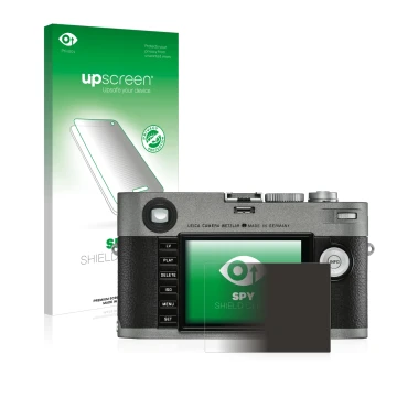 Parte frontal de un envase de producto con el logotipo de la marca upscreen. Al lado se muestra el dispositivo Leica M-E Typ 2