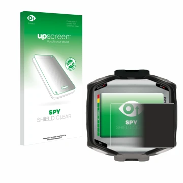 Parte frontal de un envase de producto con el logotipo de la marca upscreen. Al lado se muestra el dispositivo Mares Quad con 
