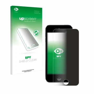 Parte frontal de un envase de producto con el logotipo de la marca upscreen. Al lado se muestra el dispositivo Apple iPod Touc