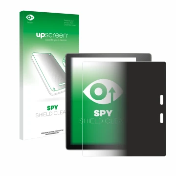 Parte frontal de un envase de producto con el logotipo de la marca upscreen. Al lado se muestra el dispositivo Amazon Kindle O