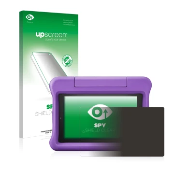 Parte frontal de un envase de producto con el logotipo de la marca upscreen. Al lado se muestra el dispositivo Amazon Fire 7 K