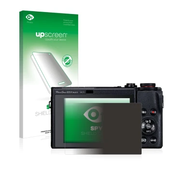 Parte frontal de un envase de producto con el logotipo de la marca upscreen. Al lado se muestra el dispositivo Canon PowerShot