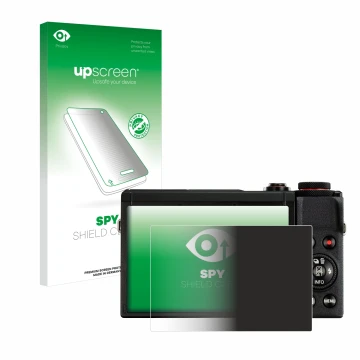 Parte frontal de un envase de producto con el logotipo de la marca upscreen. Al lado se muestra el dispositivo Canon PowerShot
