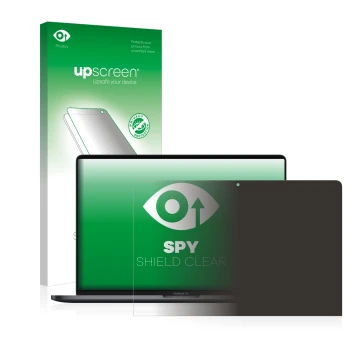 Parte frontal de un envase de producto con el logotipo de la marca upscreen. Al lado se muestra el dispositivo Apple MacBook P