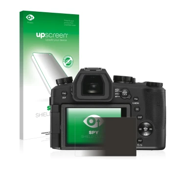 Parte frontal de un envase de producto con el logotipo de la marca upscreen. Al lado se muestra el dispositivo Leica V-LUX 5 c