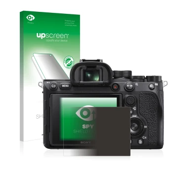 Parte frontal de un envase de producto con el logotipo de la marca upscreen. Al lado se muestra el dispositivo Sony Alpha 7R I