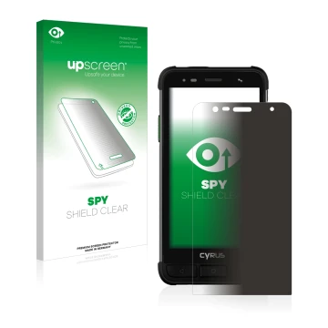 Parte frontal de un envase de producto con el logotipo de la marca upscreen. Al lado se muestra el dispositivo Cyrus CS45 XA c