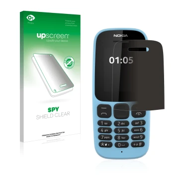Parte frontal de un envase de producto con el logotipo de la marca upscreen. Al lado se muestra el dispositivo Nokia 105 2019 