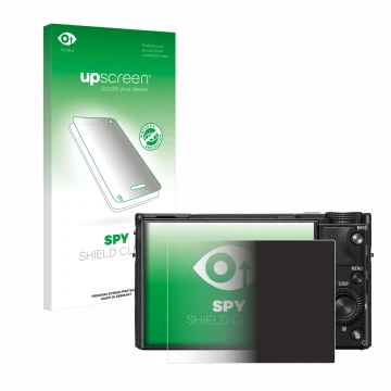 Parte frontal de un envase de producto con el logotipo de la marca upscreen. Al lado se muestra el dispositivo Sony Cyber-Shot