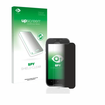 Parte frontal de un envase de producto con el logotipo de la marca upscreen. Al lado se muestra el dispositivo Datalogic Memor