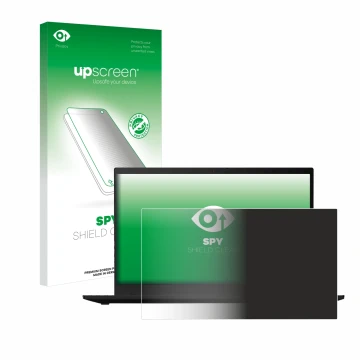 Parte frontal de un envase de producto con el logotipo de la marca upscreen. Al lado se muestra el dispositivo Lenovo ThinkPad