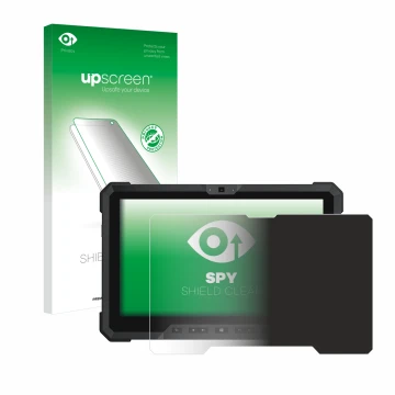 Parte frontal de un envase de producto con el logotipo de la marca upscreen. Al lado se muestra el dispositivo Dell Latitude 1
